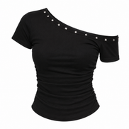 Orvane™ Women’s Ruched Off Shoulder Slim Fit Top – Short Sleeve Black T-Shirt