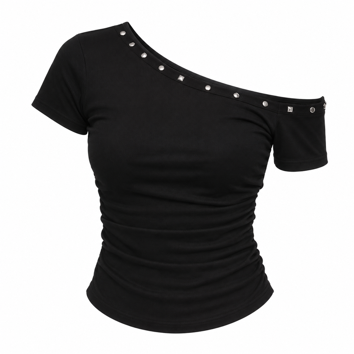 Orvane™ Women’s Ruched Off Shoulder Slim Fit Top – Short Sleeve Black T-Shirt