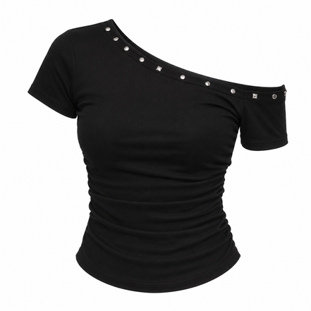 Orvane™ Women’s Ruched Off Shoulder Slim Fit Top – Short Sleeve Black T-Shirt