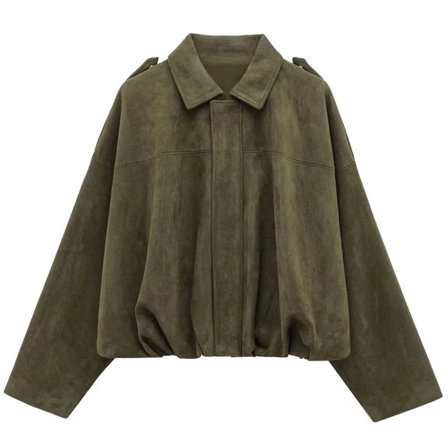 Orvane™ Women’s Oversized Suede Bomber Jacket – Cropped Zip-Up Jacket
