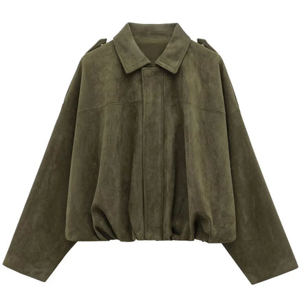 Orvane™ Women’s Oversized Suede Bomber Jacket – Cropped Zip-Up Jacket
