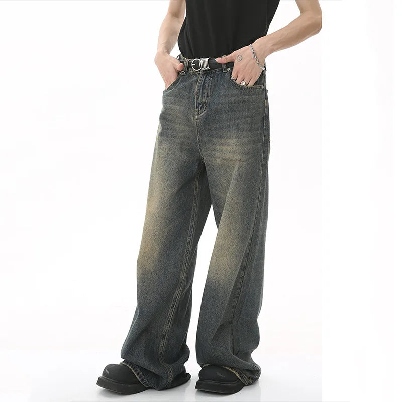 Orvane™ Men’s Vintage Washed Wide Leg Jeans – Loose Fit Straight Leg Denim Trousers