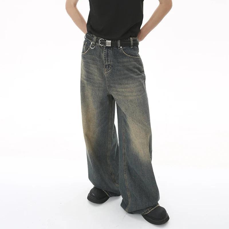 Orvane™ Men’s Vintage Washed Wide Leg Jeans – Loose Fit Straight Leg Denim Trousers