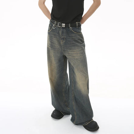 Orvane™ Men’s Vintage Washed Wide Leg Jeans – Loose Fit Straight Leg Denim Trousers