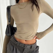 Orvane™ Women’s Slim Fit Long Sleeve Top – Ruched Crew Neck T-Shirt