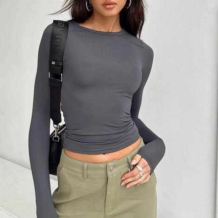 Orvane™ Women’s Slim Fit Long Sleeve Top – Ruched Crew Neck T-Shirt