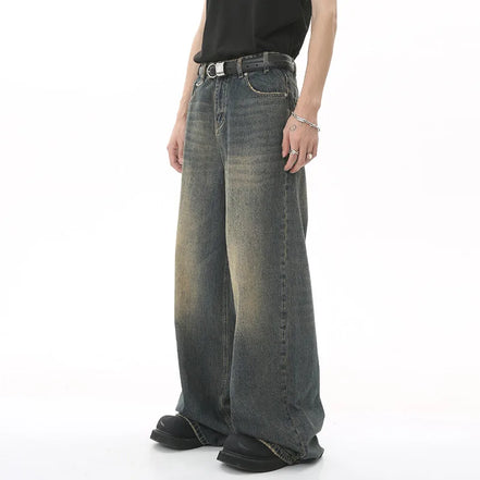 Orvane™ Men’s Vintage Washed Wide Leg Jeans – Loose Fit Straight Leg Denim Trousers