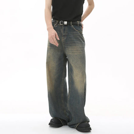 Orvane™ Men’s Vintage Washed Wide Leg Jeans – Loose Fit Straight Leg Denim Trousers